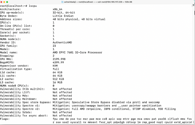 <code>lscpu</code> for the Virtual Machine at Linode