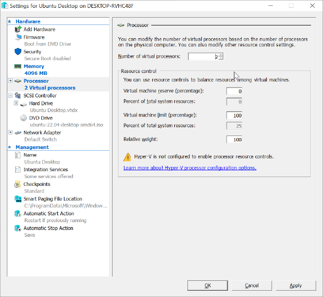 2 Logical Cores is enough to handle this VM since I&rsquo;m not going to run Graphics Intensive Applications. If you intend to do, make sure to add the GPU(Integrated or Discrete) to ensure stability.