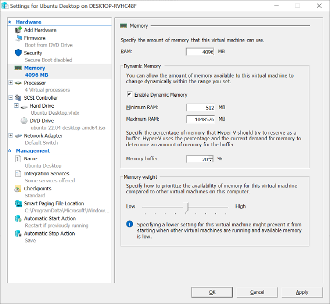 I chose 4GB RAM even though I have 32 GB of RAM memory. Ubuntu fares fine even under such small memory sizes.